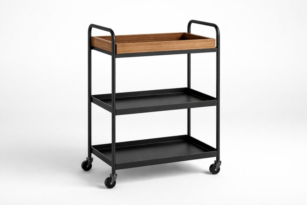 Three-Shelf Rolling Serving Cart Solid Wood Steel 70cm x 40cm x 85cm Black