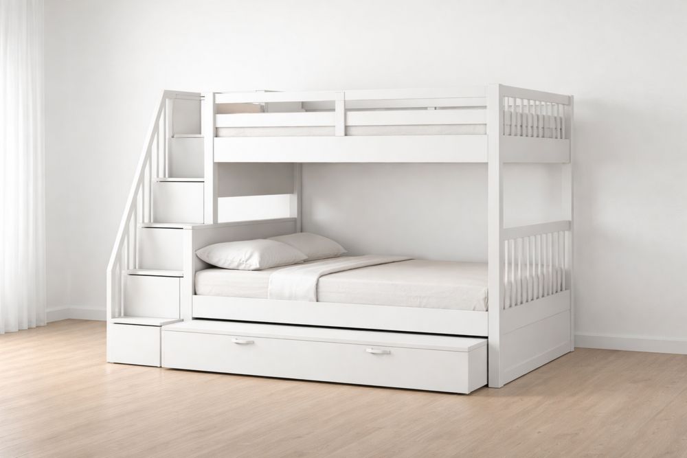 White Solid Wood Bunk Bed with Trundle and Storage Stairs Twin Over Full