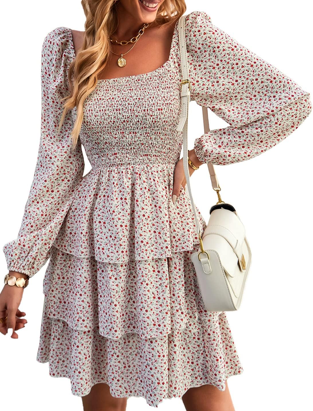 BTFBM Women Square Neck Smocked Summer Fall Dresses 2023 Long Sleeve Floral Swiss Dot Ruffle Party Mini Babydoll Dress
