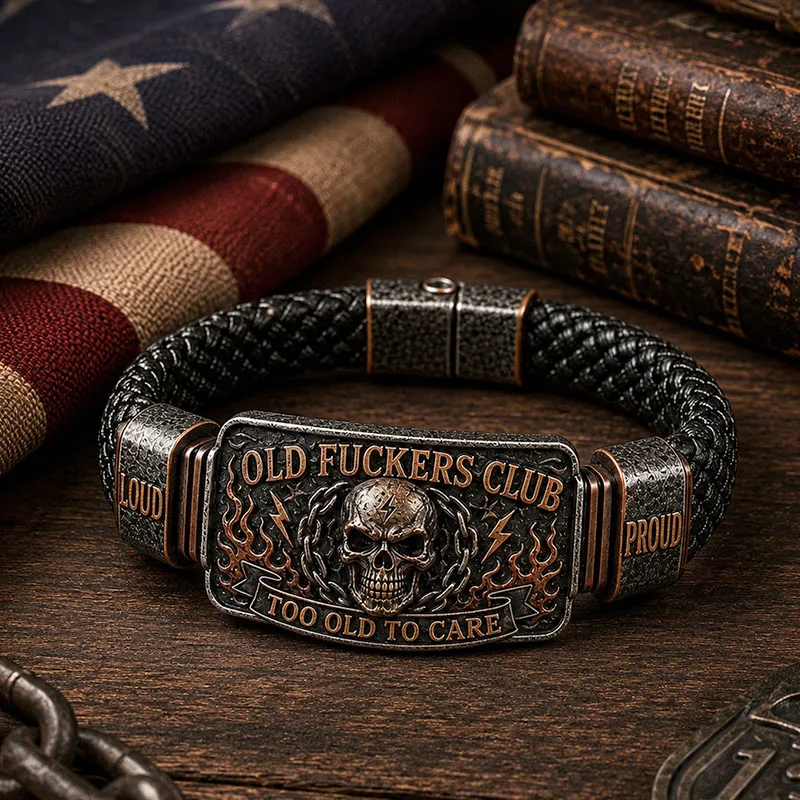 Old Fuckers Club Men's Vintage Skull Flame Biker Braided Bracelet Gift Set-hypecapco