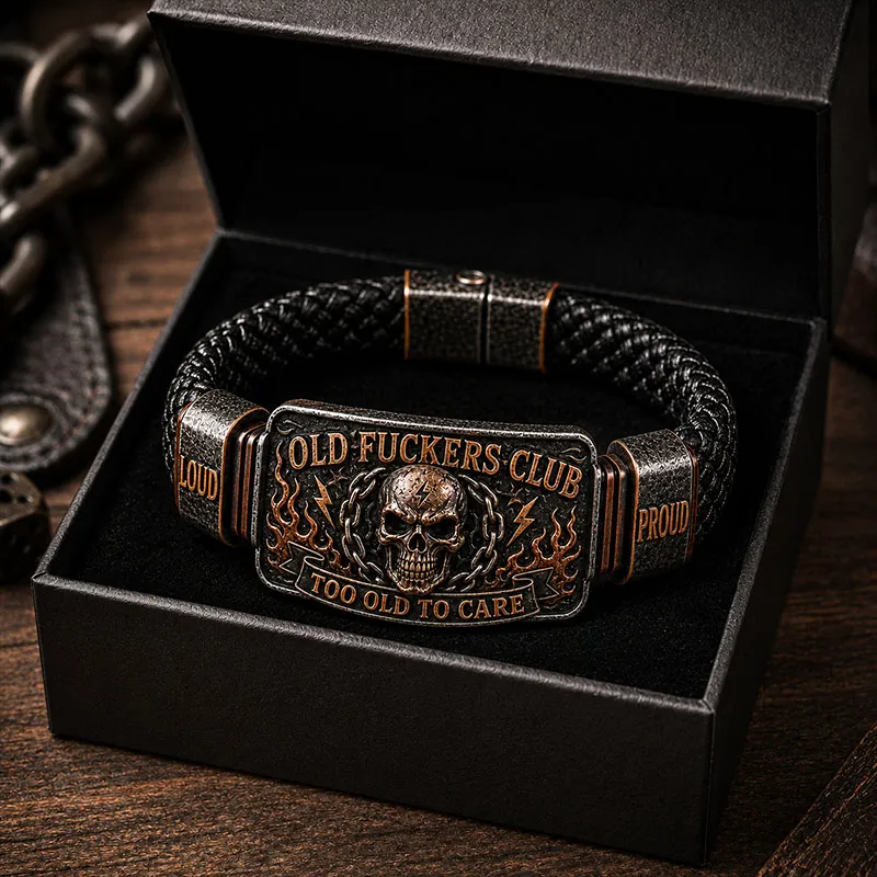 Old Fuckers Club Men's Vintage Skull Flame Biker Braided Bracelet Gift Set-hypecapco