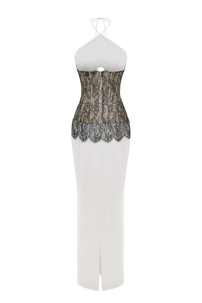 Satin and lace corset maxi dress