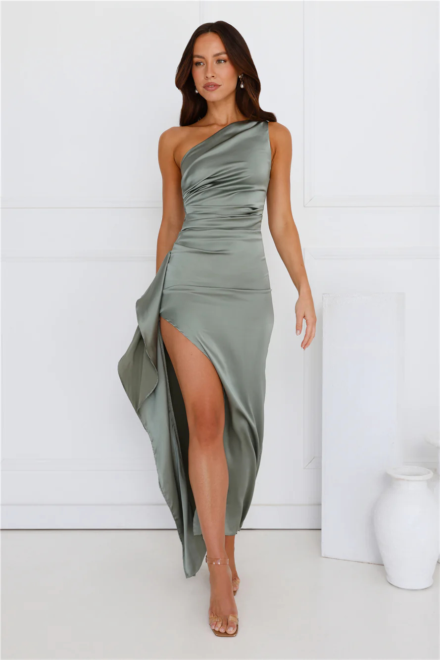Extra Special One Shoulder Satin Maxi Dress Sage