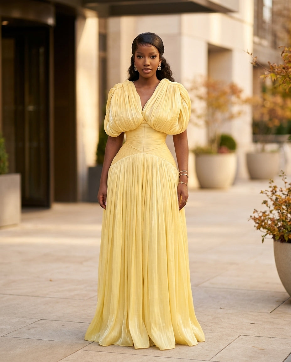 Butter Yellow Glow Evening Ruched Maxi Dress Butter Yellow Maxi Dress with Relaxed Fit silhouette and Textured texture, front view product image for City Dinner, a cafe plan, Fall city dinners, cafe plans, gallery evenings, and polished weekend styling, U by floravincie
