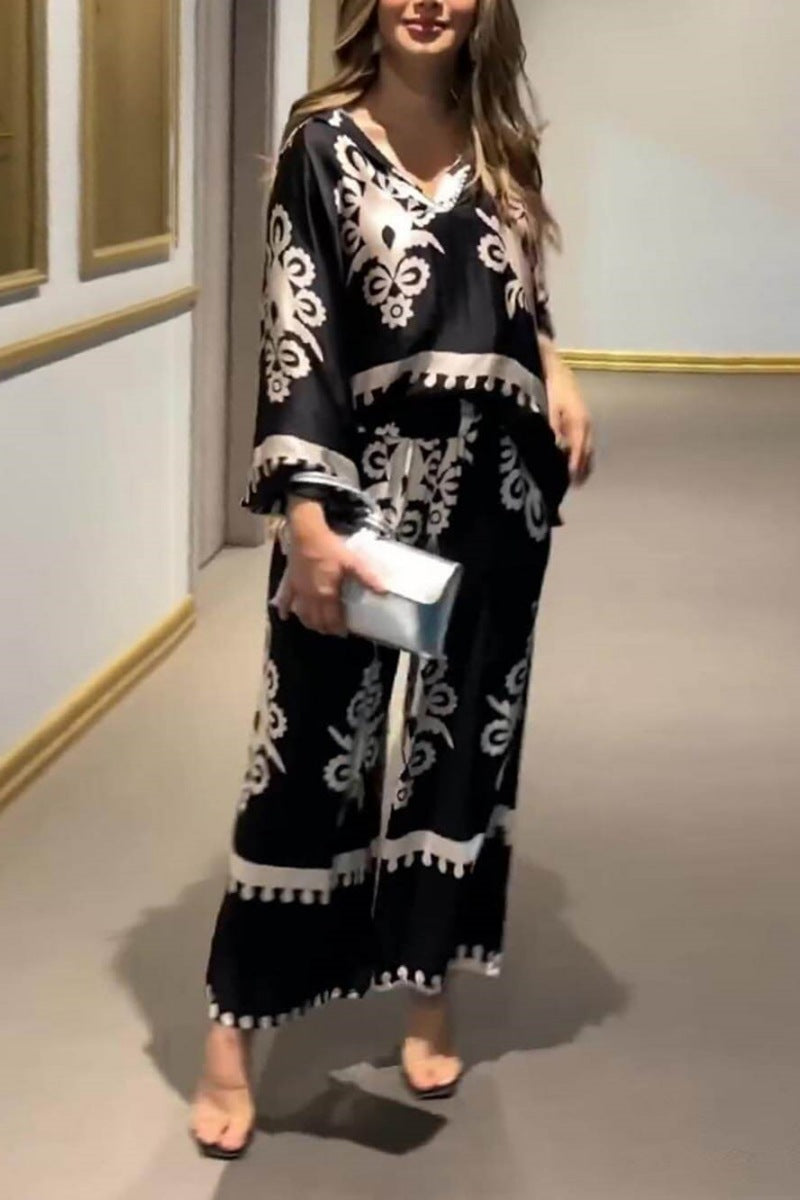 Unique Print Irregular Long Sleeve Top Long Pants Set-ROVOLE