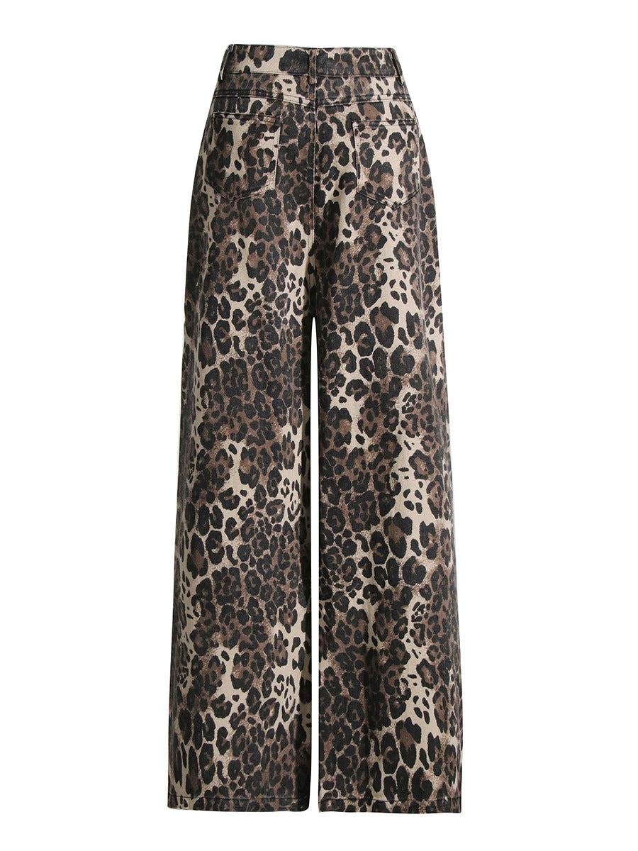 Vintage Leopard Print High Waist Straight Leg Ripped Jeans-Massicos