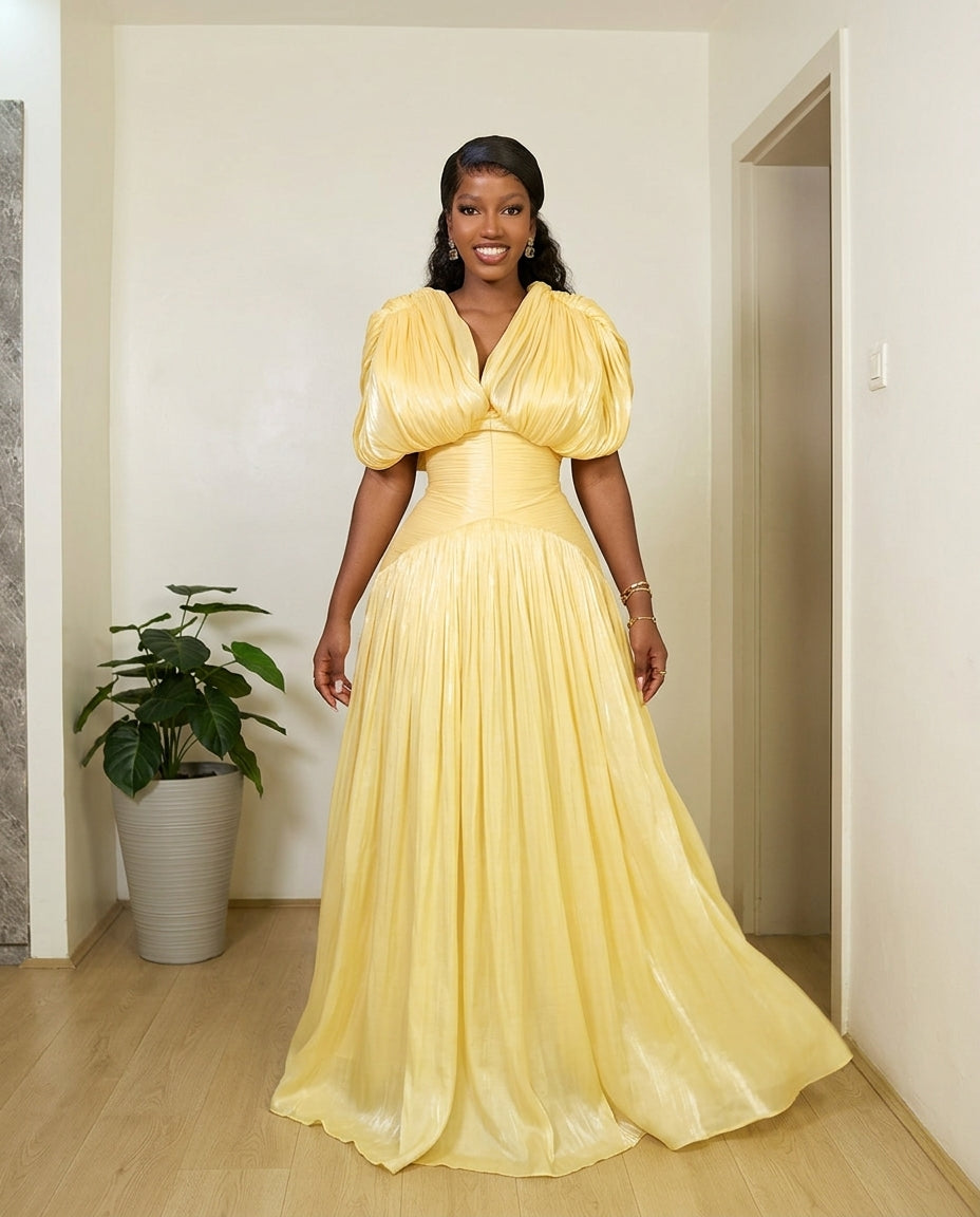 Butter Yellow Glow Evening Ruched Maxi Dress Butter Yellow Maxi Dress with Relaxed Fit silhouette and Textured texture, clean studio product view for City Dinner, a cafe plan, Fall city dinners, cafe plans, gallery evenings, and polished weekend styling, by floravincie