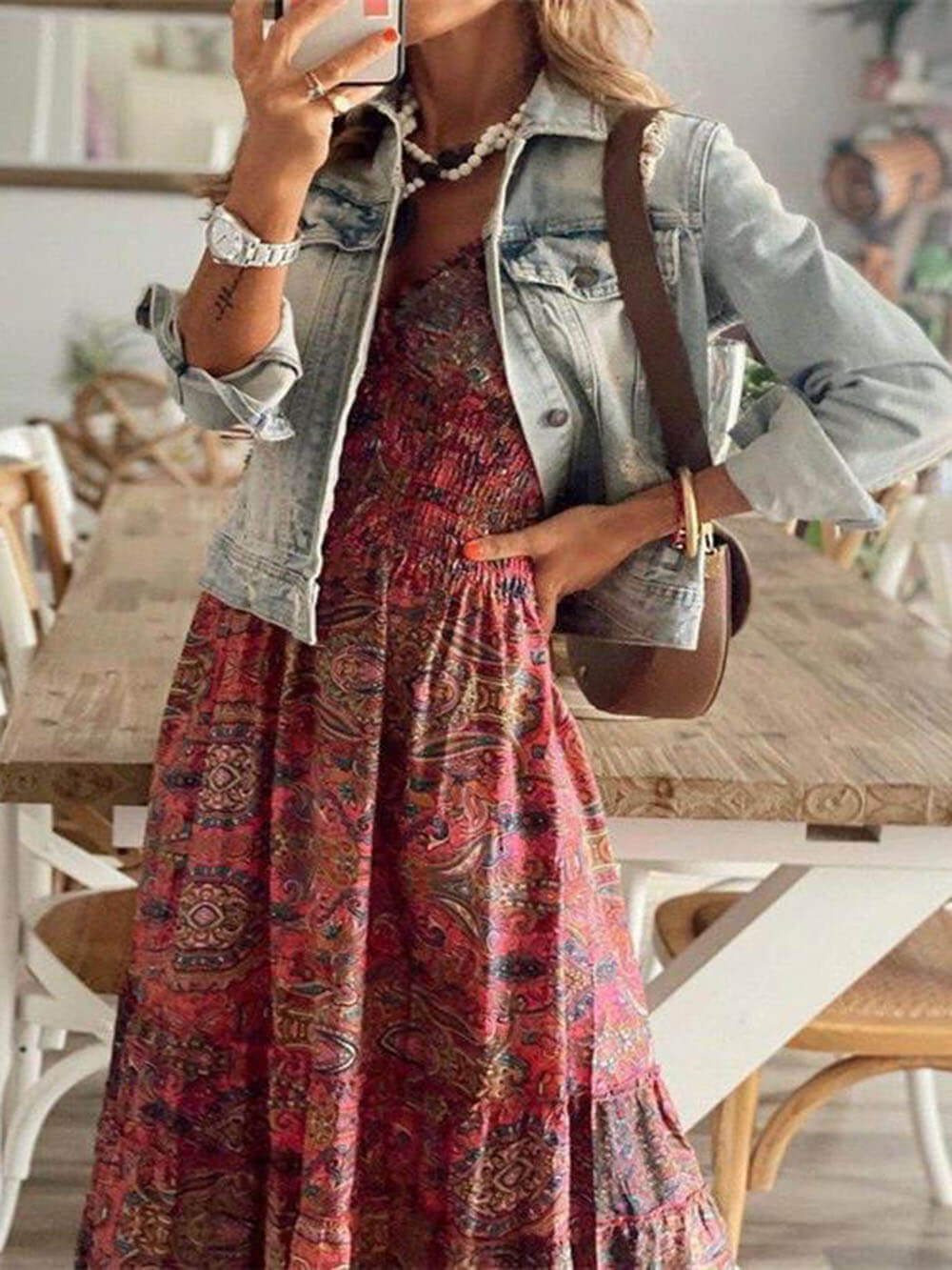 Bohemian Waisted Floral Print Dress-Massicos