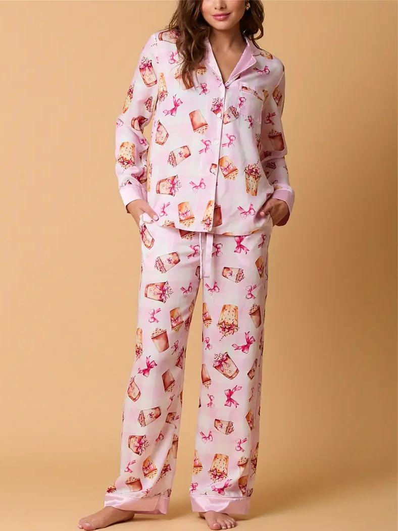 Bowknot Milk Tea Print Pajama Set Long Sleeve Shirt-Massicos