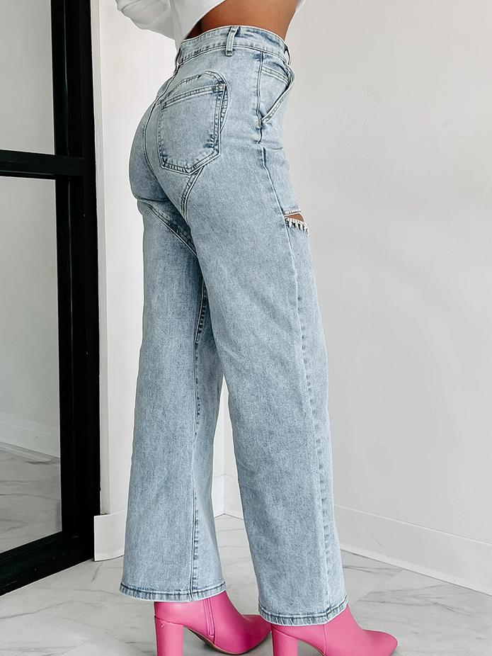 Rhinestone Detailed Distressed Straight Jeans-Massicos