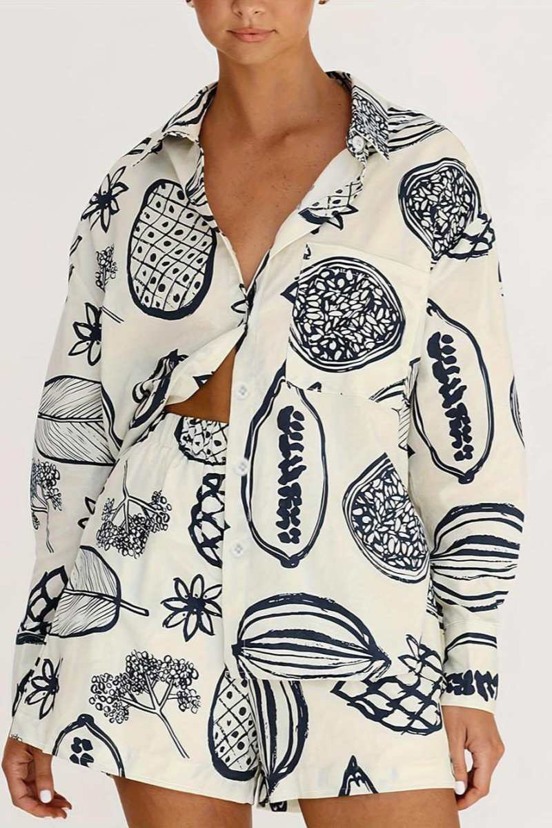 Summer Fruit Print Loose Shirt Shorts Set-ROVOLE