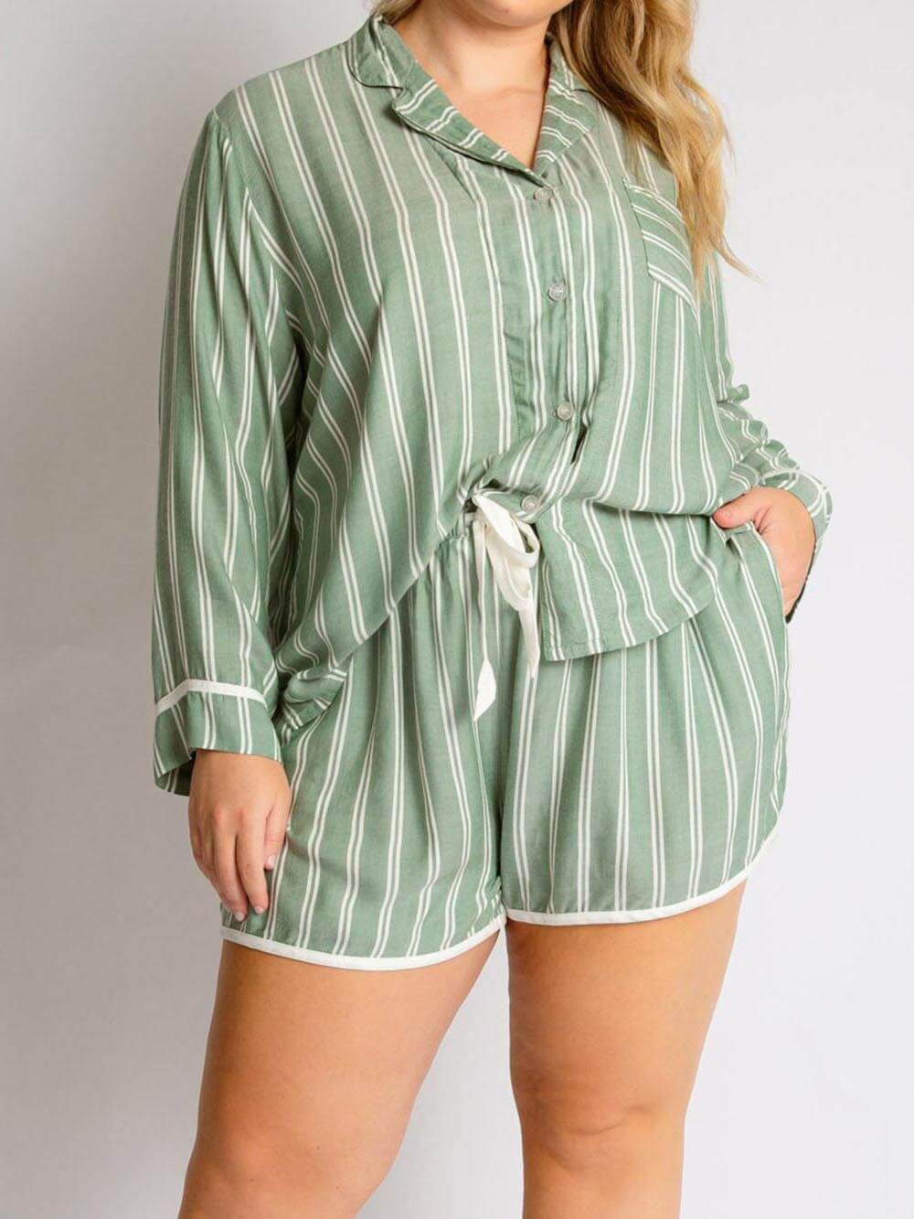 Loose Striped Patchwork Long-Sleeved Shorts Pajama Set-Massicos