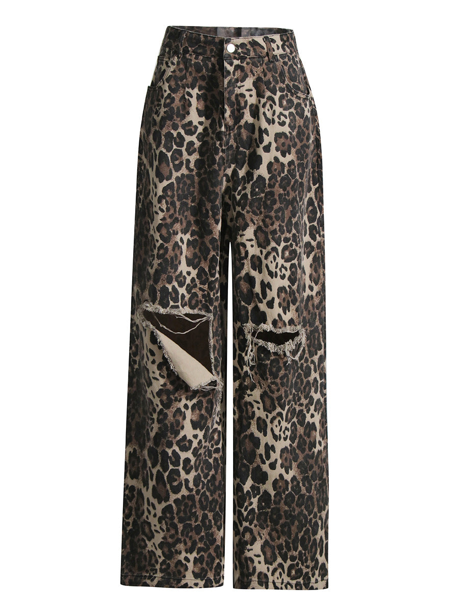 Vintage Leopard Print High Waist Straight Leg Ripped Jeans-Massicos