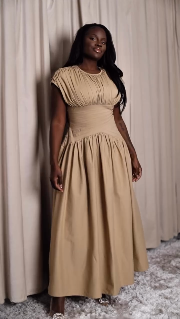 Cinched Waist Ruched Midi Dress-Massicos