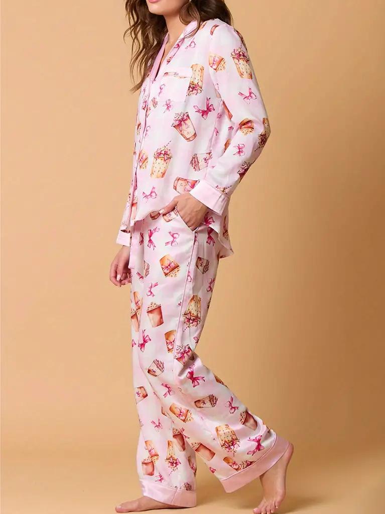 Bowknot Milk Tea Print Pajama Set Long Sleeve Shirt-Massicos