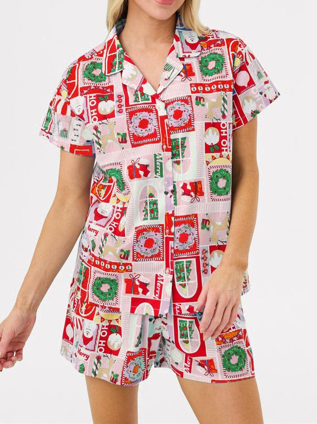 Christmas Print Short Sleeves Cute Cartoon Print Set-Massicos