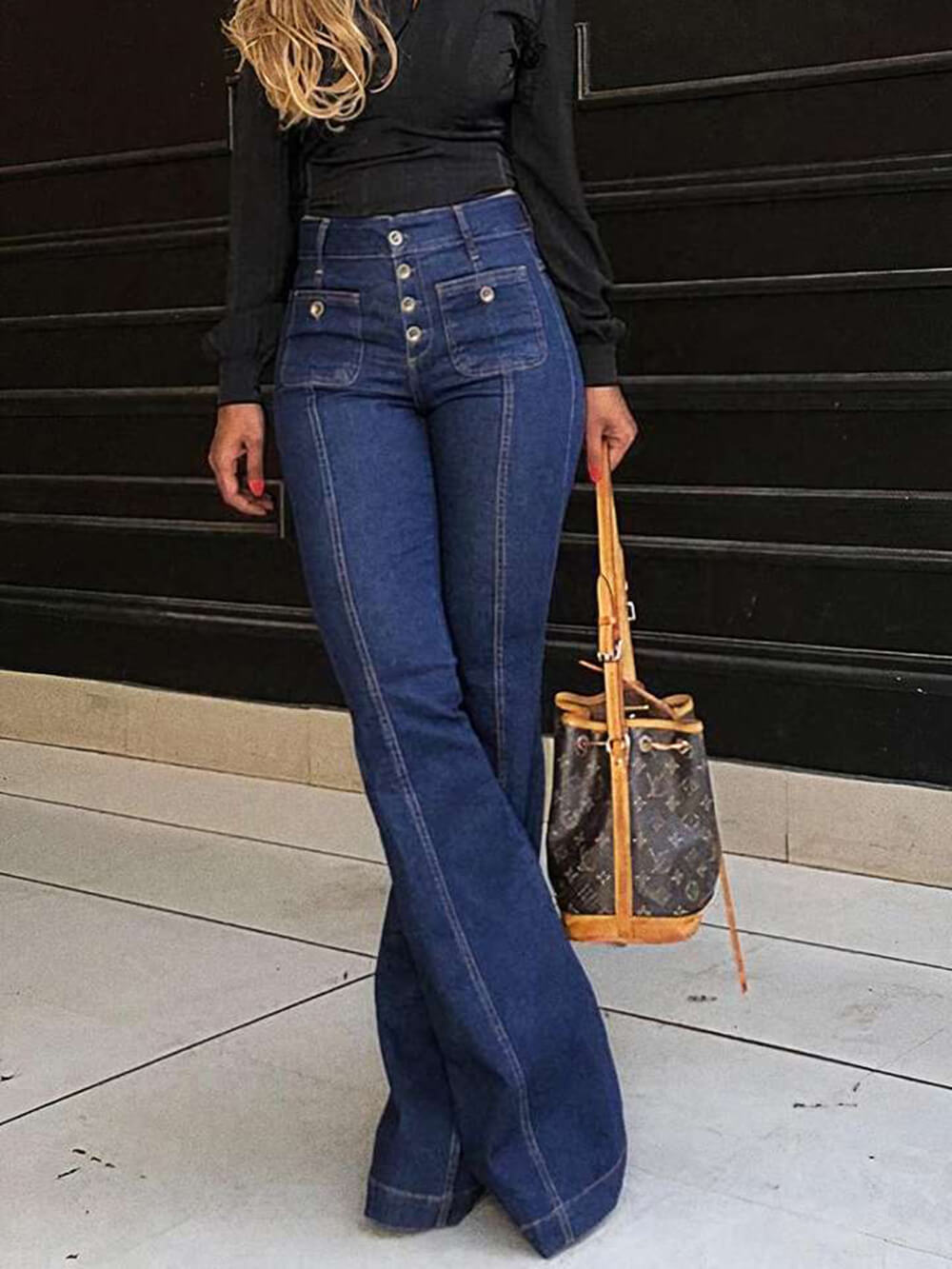 Stylish High-Waisted Patchwork Flared Jeans-Massicos