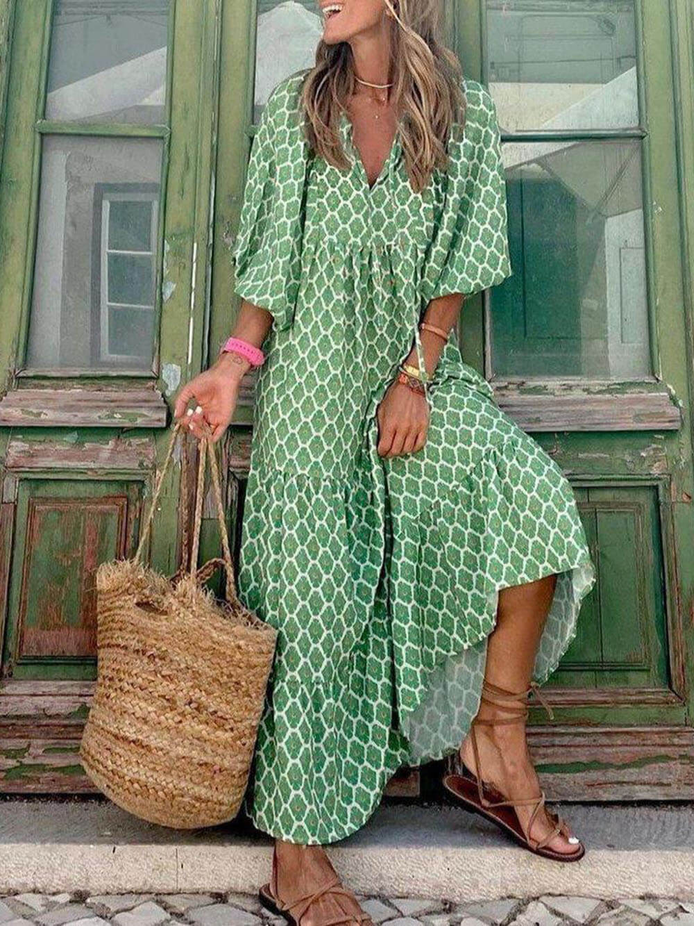 Bohemian Printed Maxi Dress-Massicos