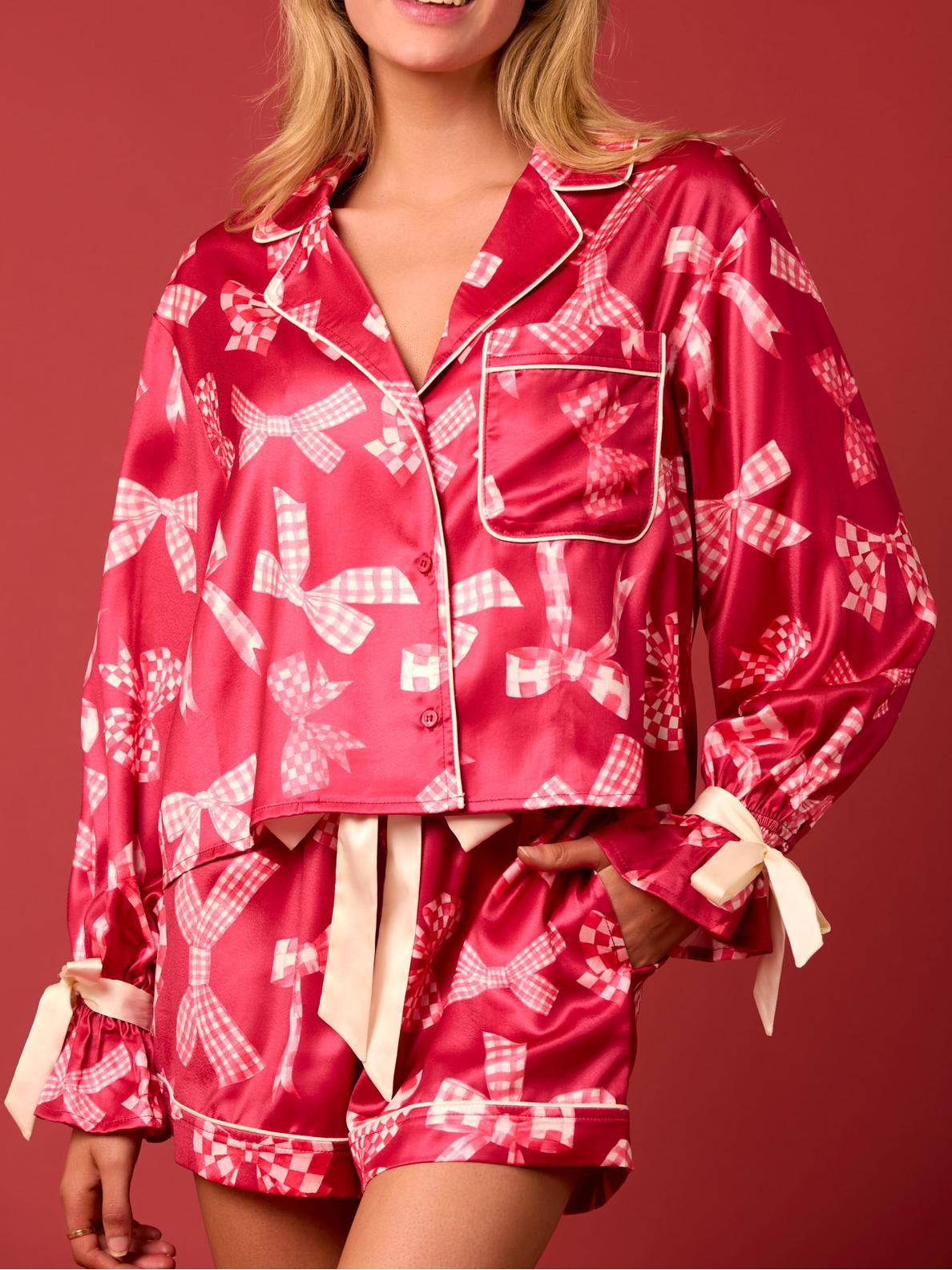 Red Ribbon Plaid Print Bow Tie Pajama Set-Massicos