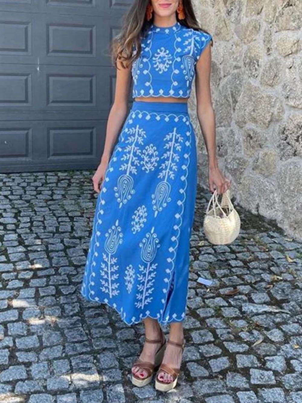 Ethnic Print Crop Top & Tire-up Wrap Midi Skirts Set-Massicos