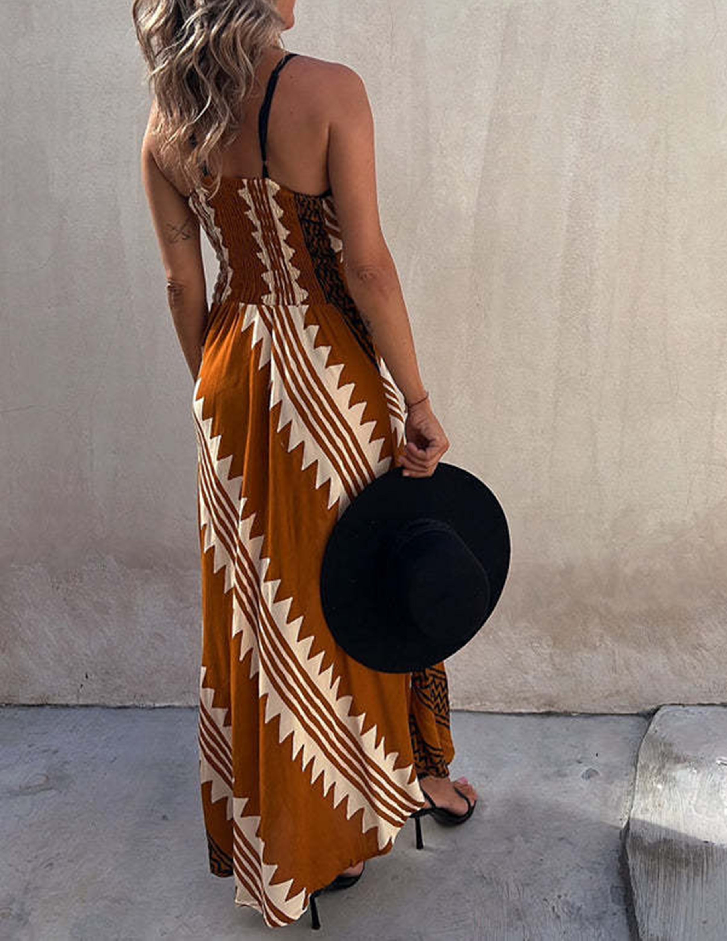Exclusive Melody Satin Ethnic Print Smocked Back Midi Dress-Massicos