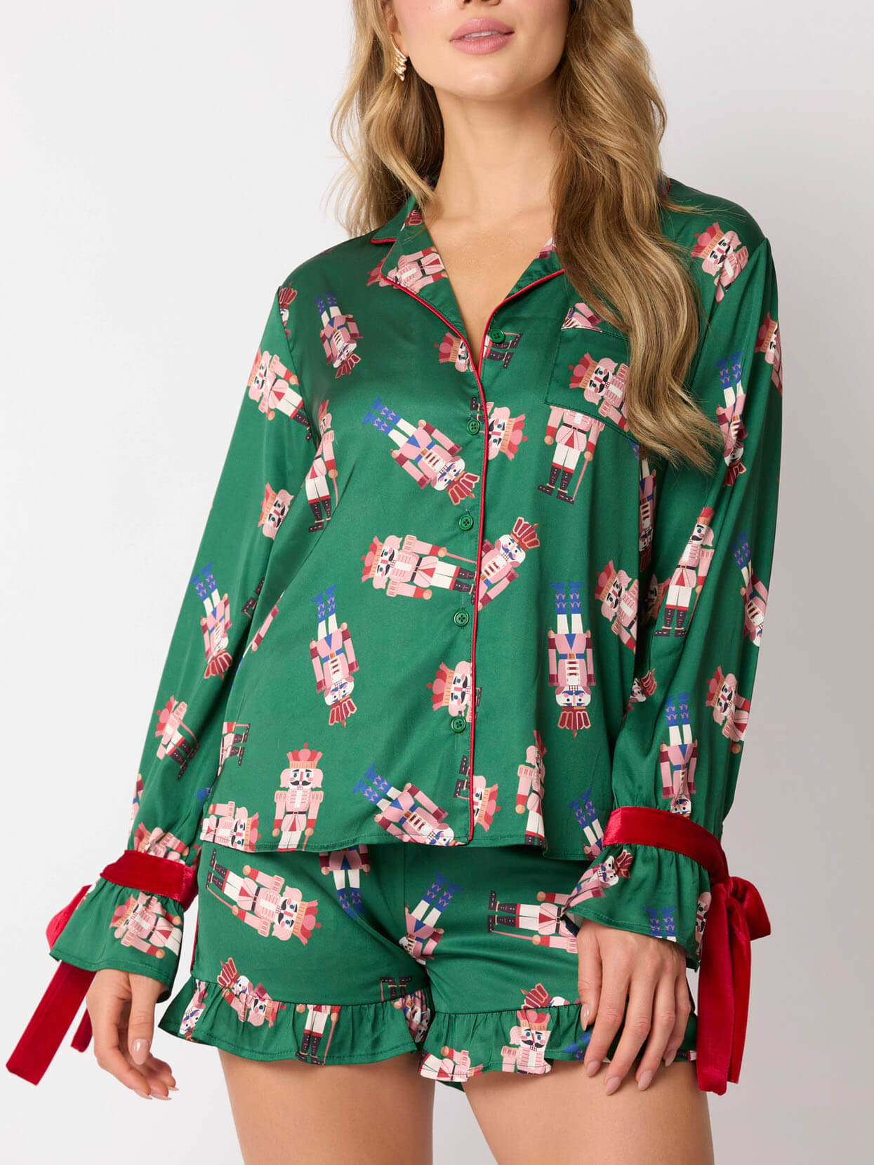 Green Satin Nutcracker Red Bow Pajama Set-Massicos