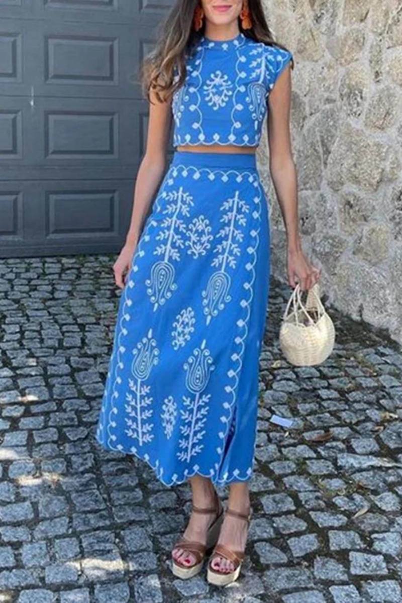 Ethnic Print Crop Top & Tire-up Wrap Midi Skirts Set-ROVOLE