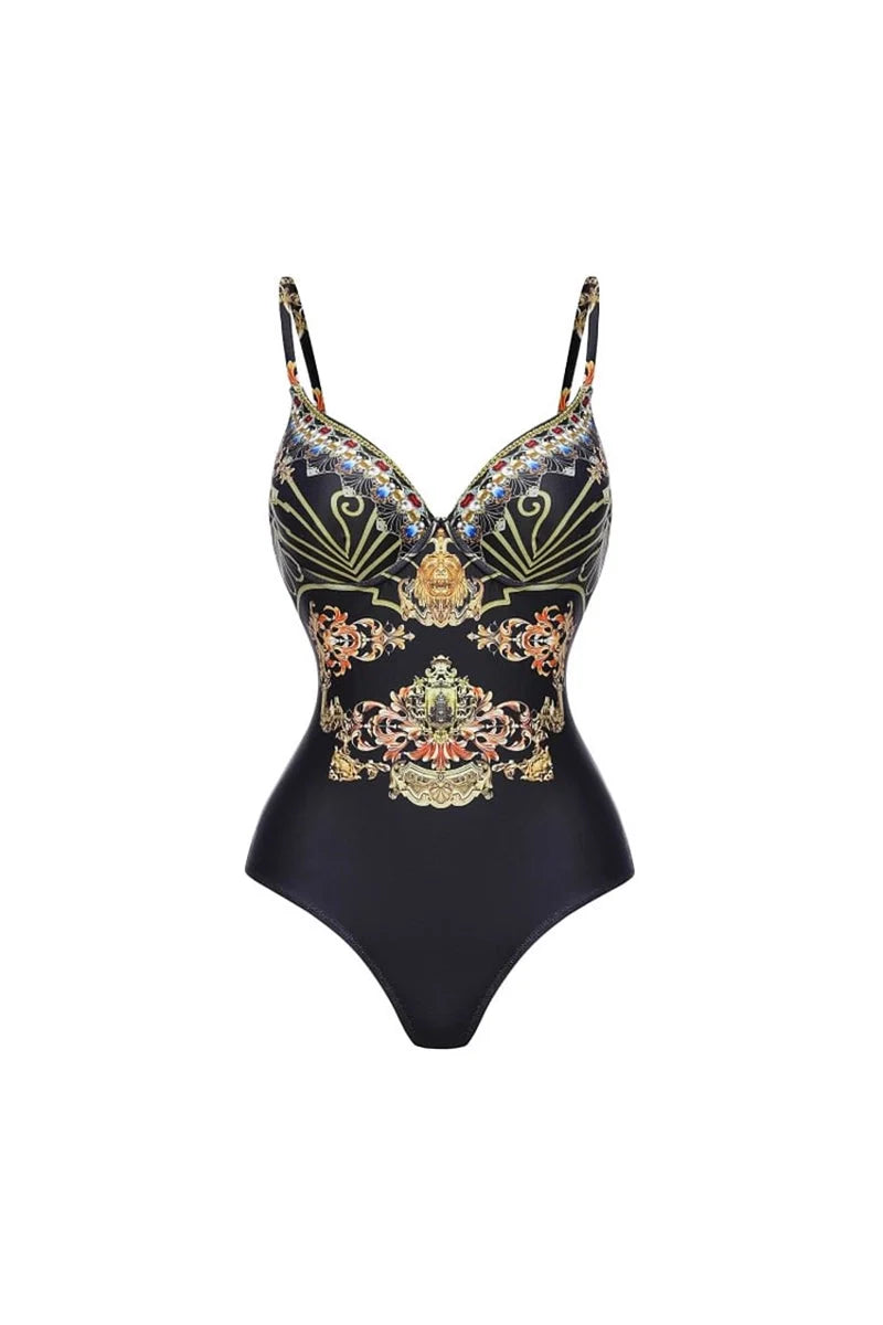Black Gold Print Strappy One Piece Swimsuit-ROVOLE