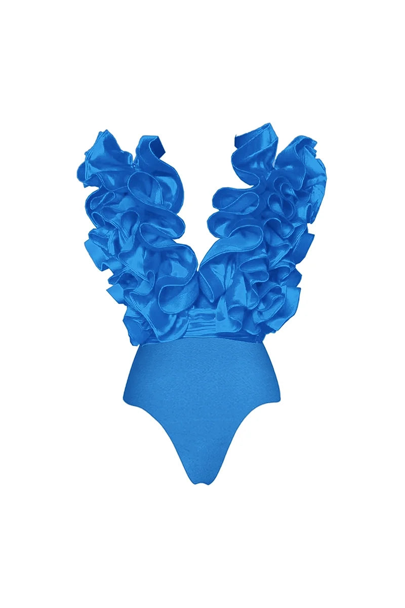 Lace V-Neck Blue Swimsuit-ROVOLE