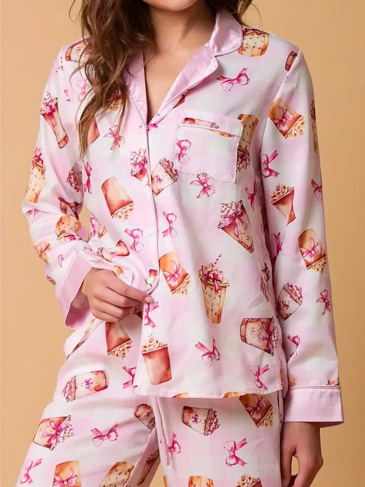 Bowknot Milk Tea Print Pajama Set Long Sleeve Shirt-Massicos