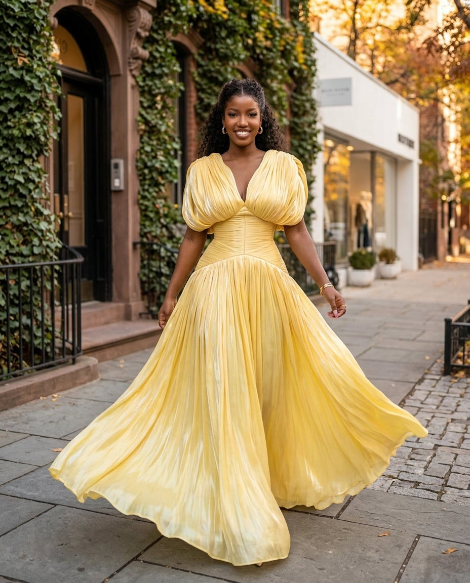 Butter Yellow Glow Evening Ruched Maxi Dress Butter Yellow Maxi Dress with Relaxed Fit silhouette and Textured texture, outdoor styling image for City Dinner, a cafe plan, Fall city dinners, cafe plans, gallery evenings, and polished weekend styling, US C by floravincie
