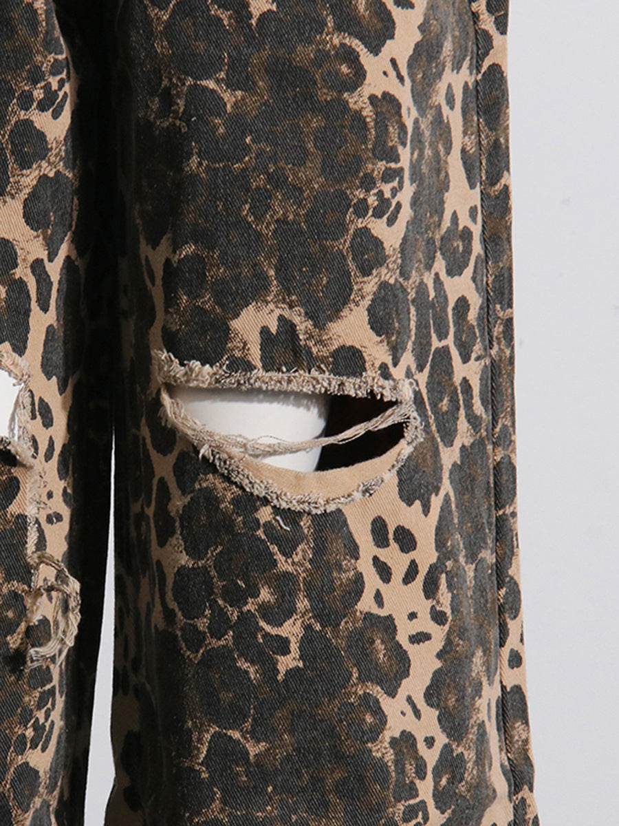 Vintage Leopard Print High Waist Straight Leg Ripped Jeans-Massicos