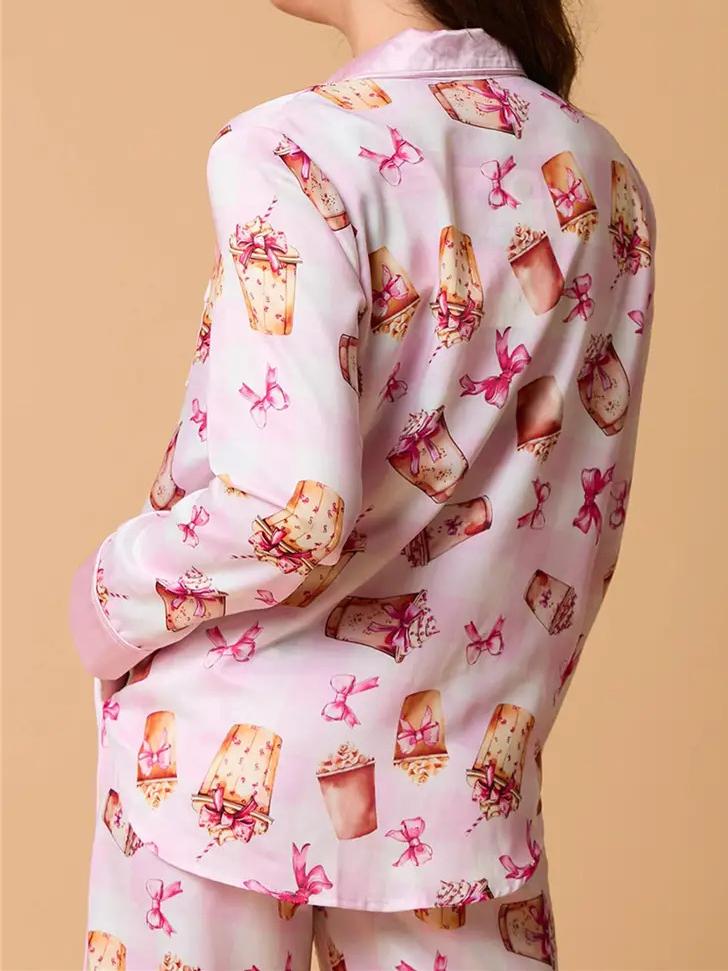 Bowknot Milk Tea Print Pajama Set Long Sleeve Shirt-Massicos