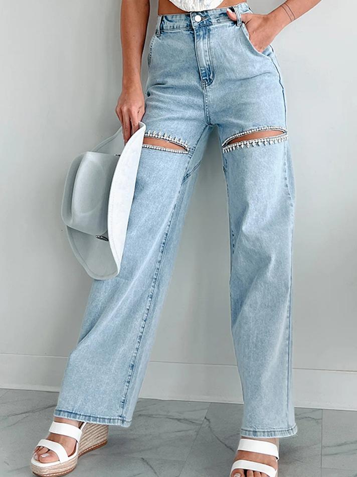 Rhinestone Detailed Distressed Straight Jeans-Massicos