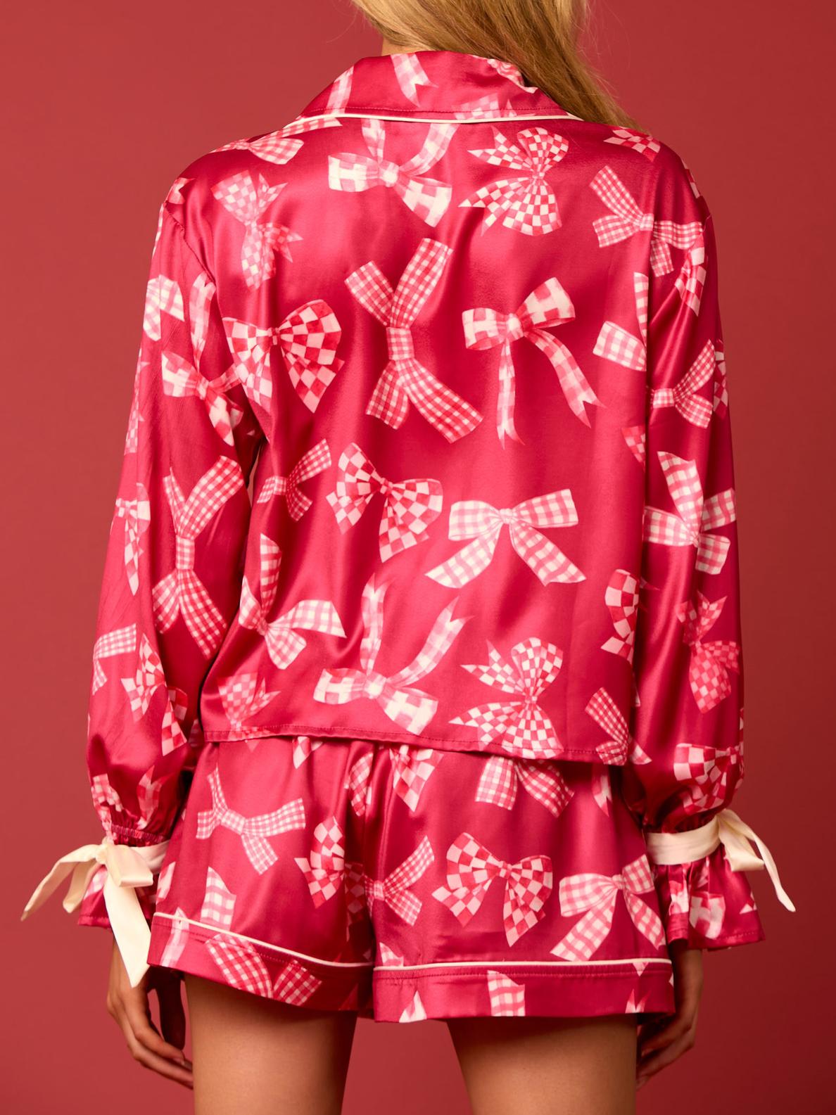 Red Ribbon Plaid Print Bow Tie Pajama Set-Massicos