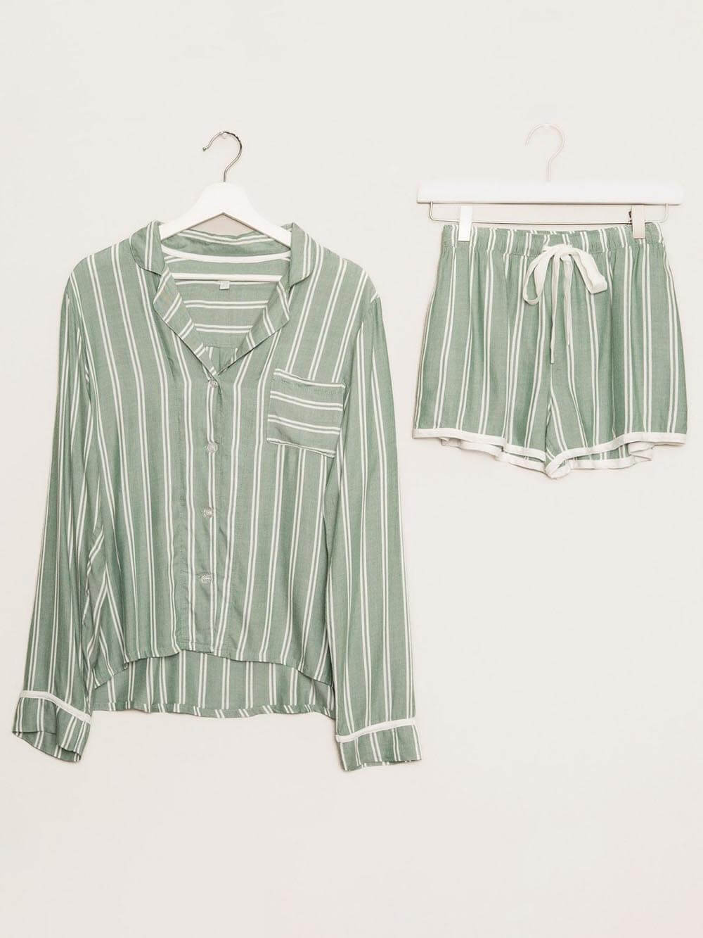 Loose Striped Patchwork Long-Sleeved Shorts Pajama Set-Massicos
