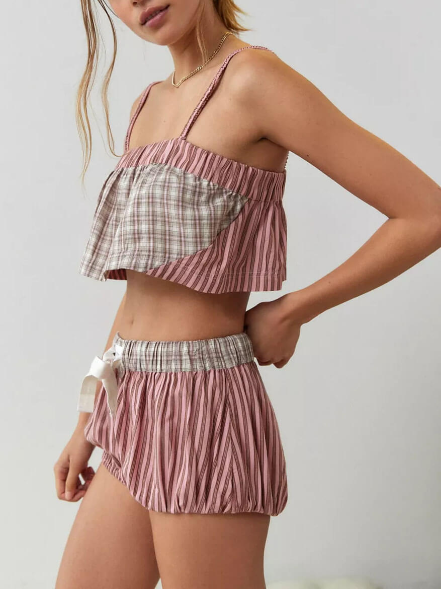Plaid Suspender Pajama Set-Massicos