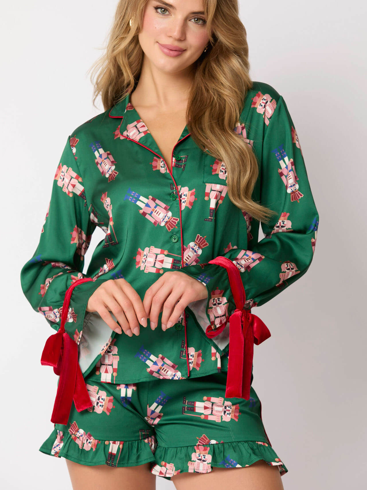 Green Satin Nutcracker Red Bow Pajama Set-Massicos