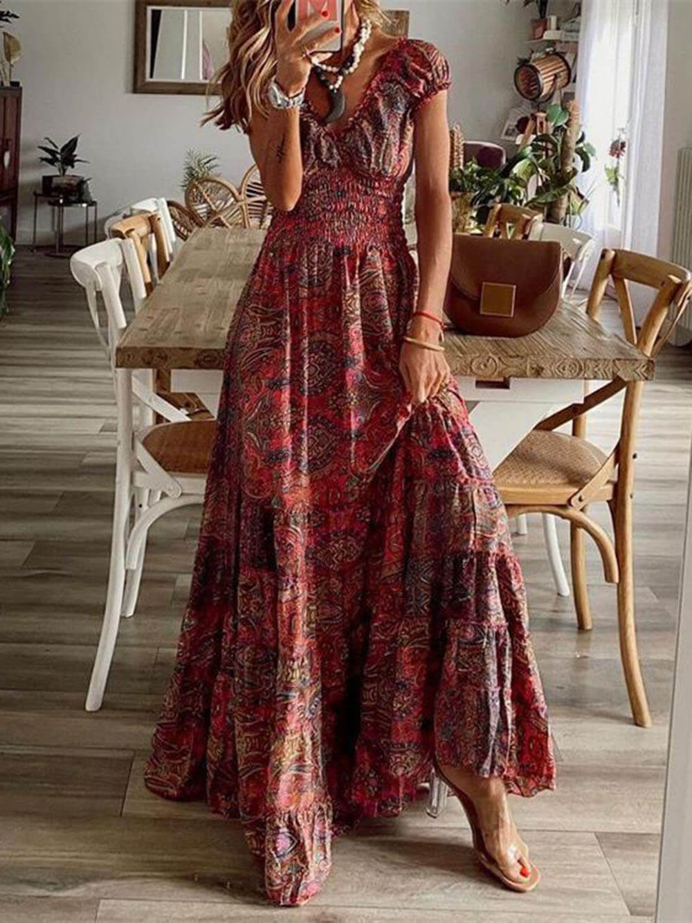 Bohemian Waisted Floral Print Dress-Massicos