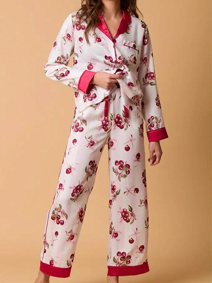 Light pink striped cherry print pajama set-Massicos