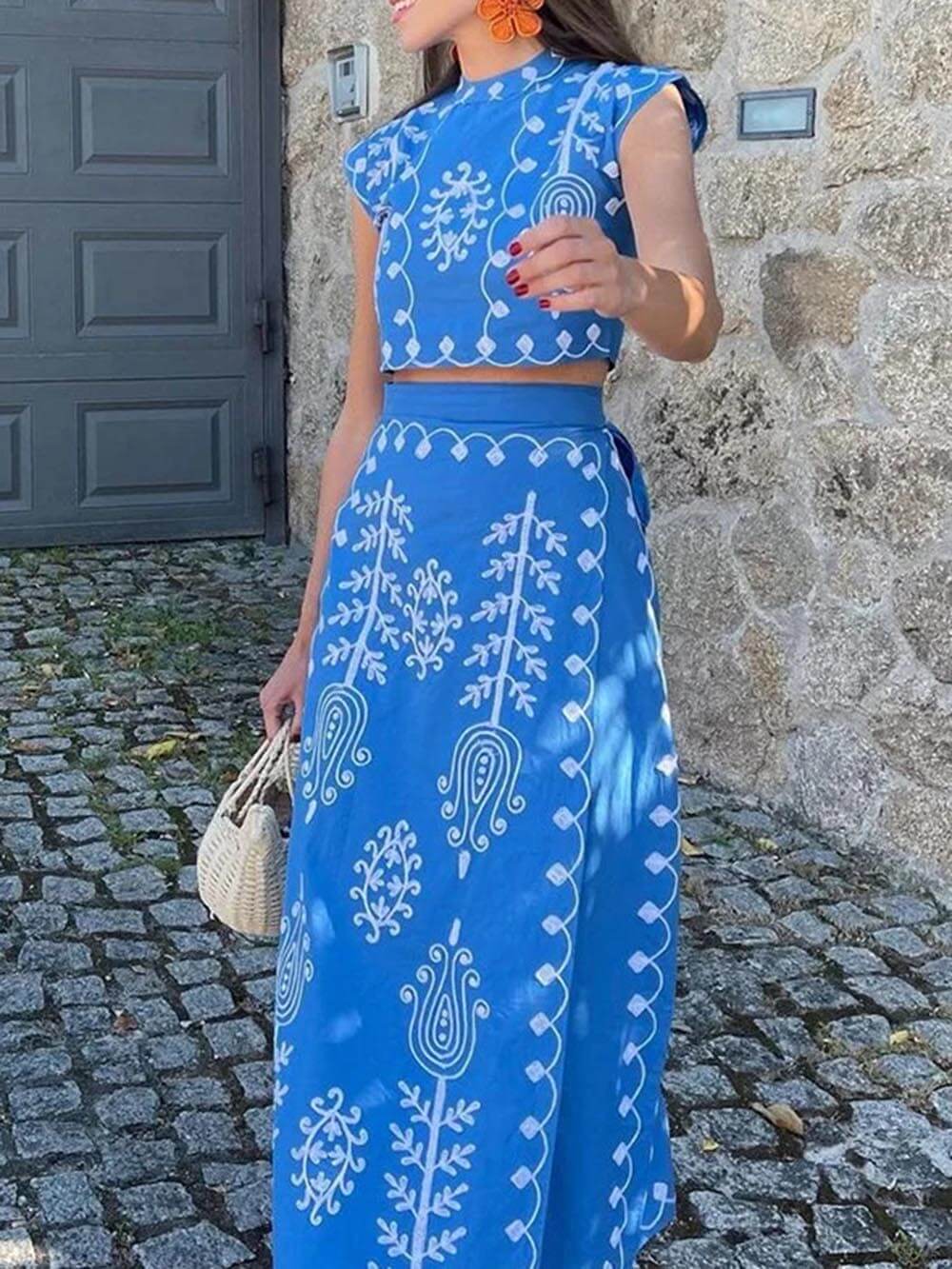Ethnic Print Crop Top & Tire-up Wrap Midi Skirts Set-Massicos