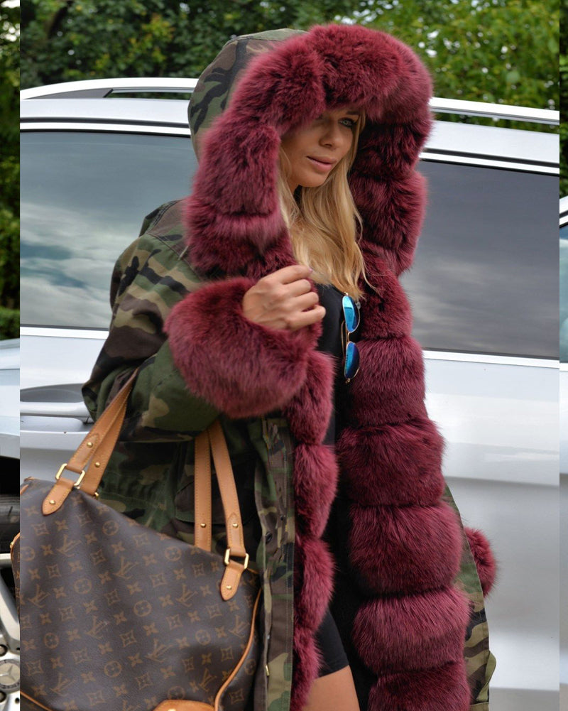 Trafni Women Faux Fur Camouflage Parka Women Hooded Long Winter Jacket Overcoat Plus Size S-3XL-Massicos