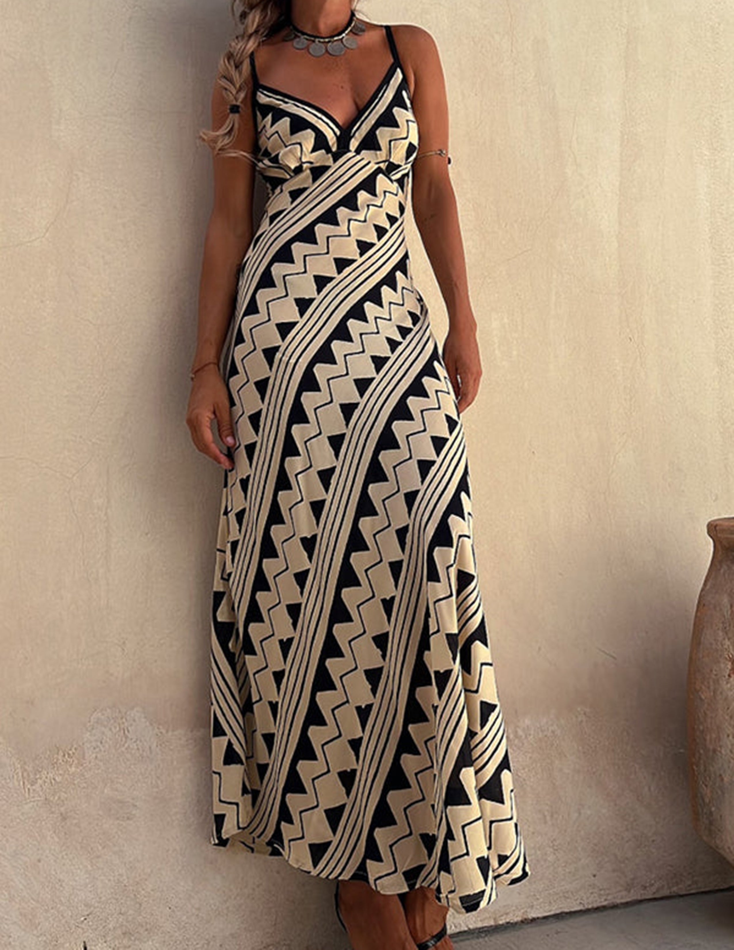 Exclusive Melody Satin Ethnic Print Smocked Back Midi Dress-Massicos