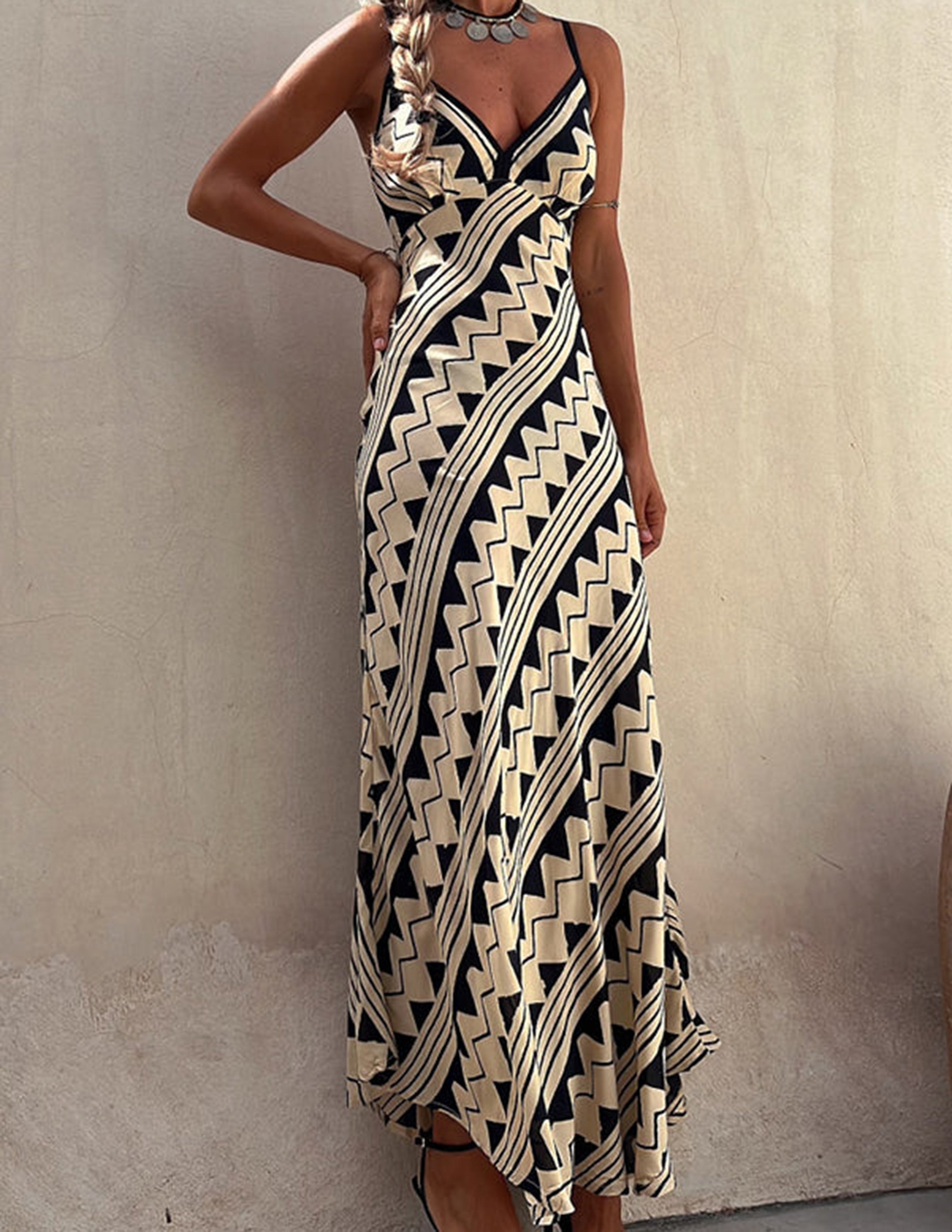 Exclusive Melody Satin Ethnic Print Smocked Back Midi Dress-Massicos
