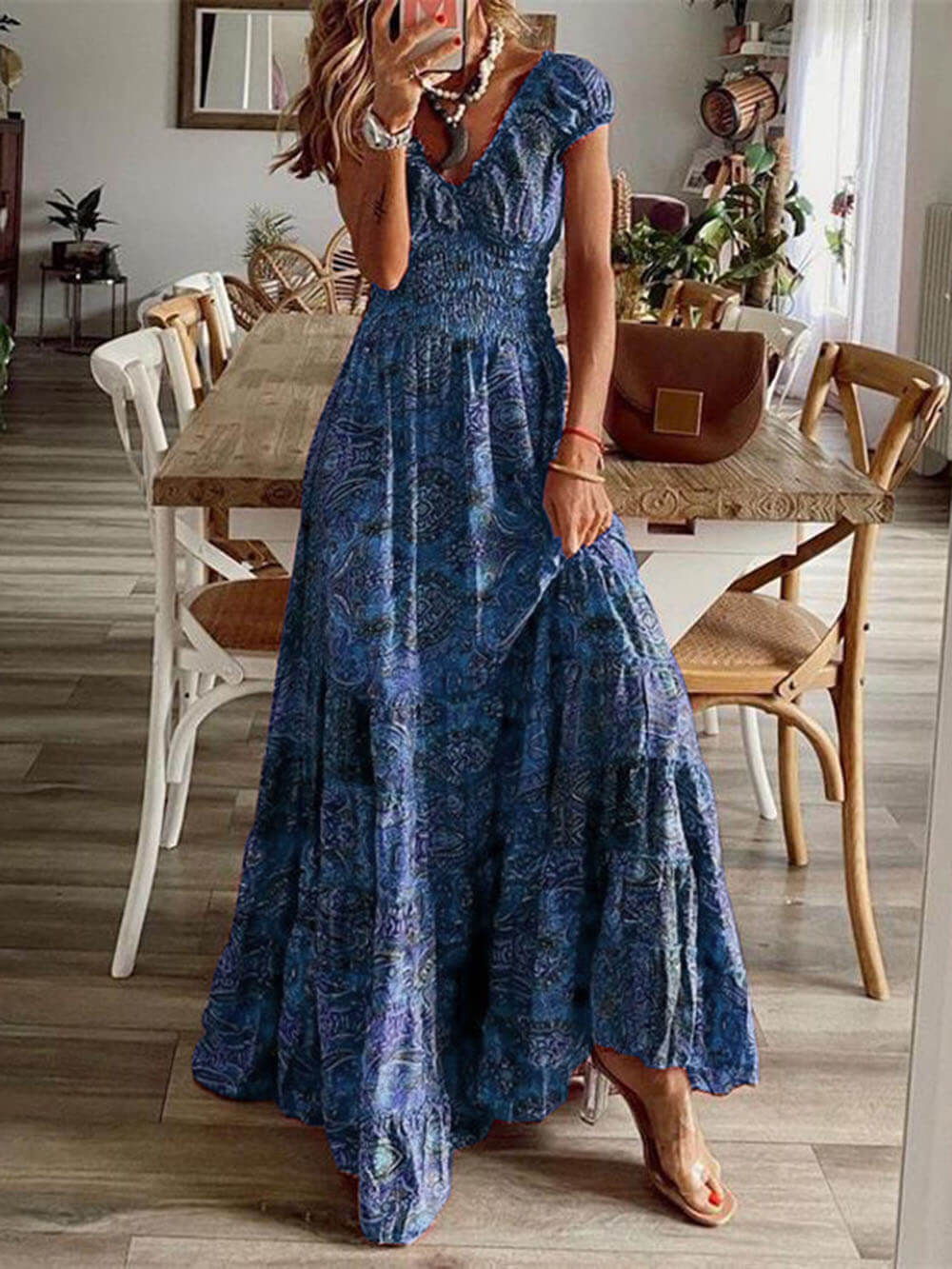 Bohemian Waisted Floral Print Dress-Massicos