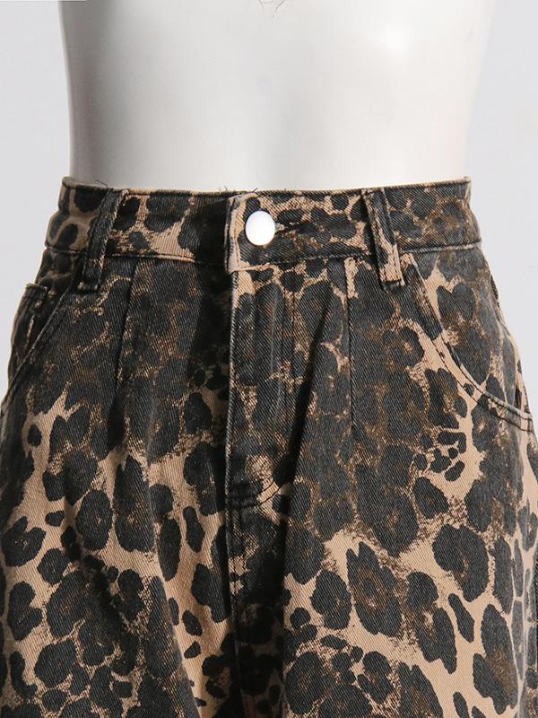 Vintage Leopard Print High Waist Straight Leg Ripped Jeans-Massicos