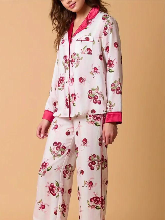 Light pink striped cherry print pajama set-Massicos