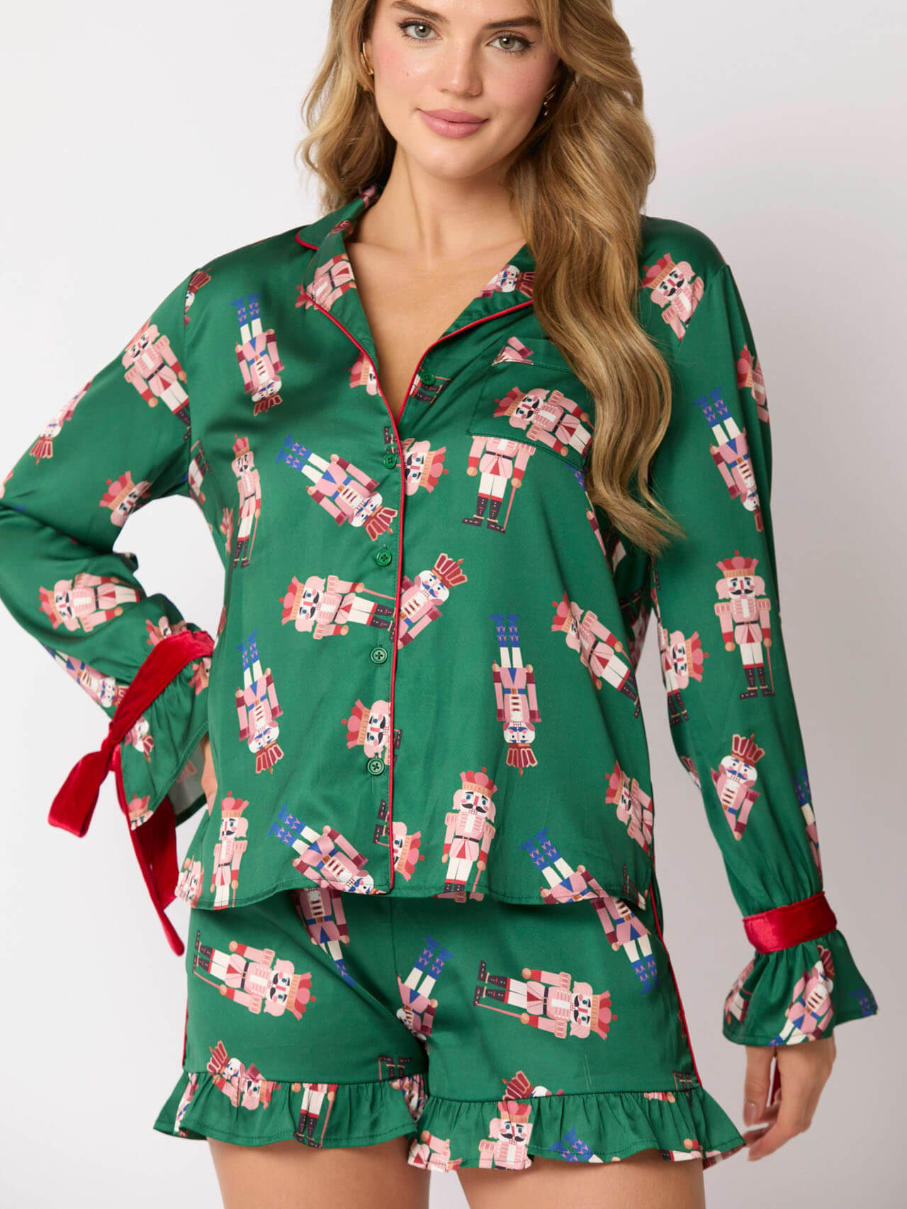 Green Satin Nutcracker Red Bow Pajama Set-Massicos