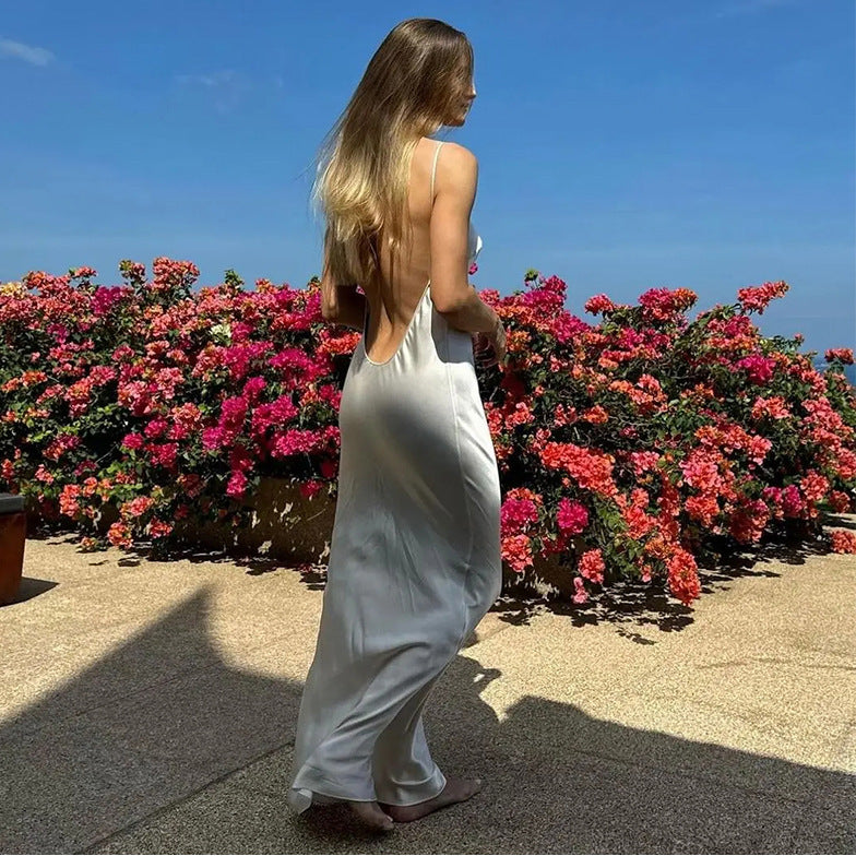 Sophia Satin Backless Long Dress-ROVOLE