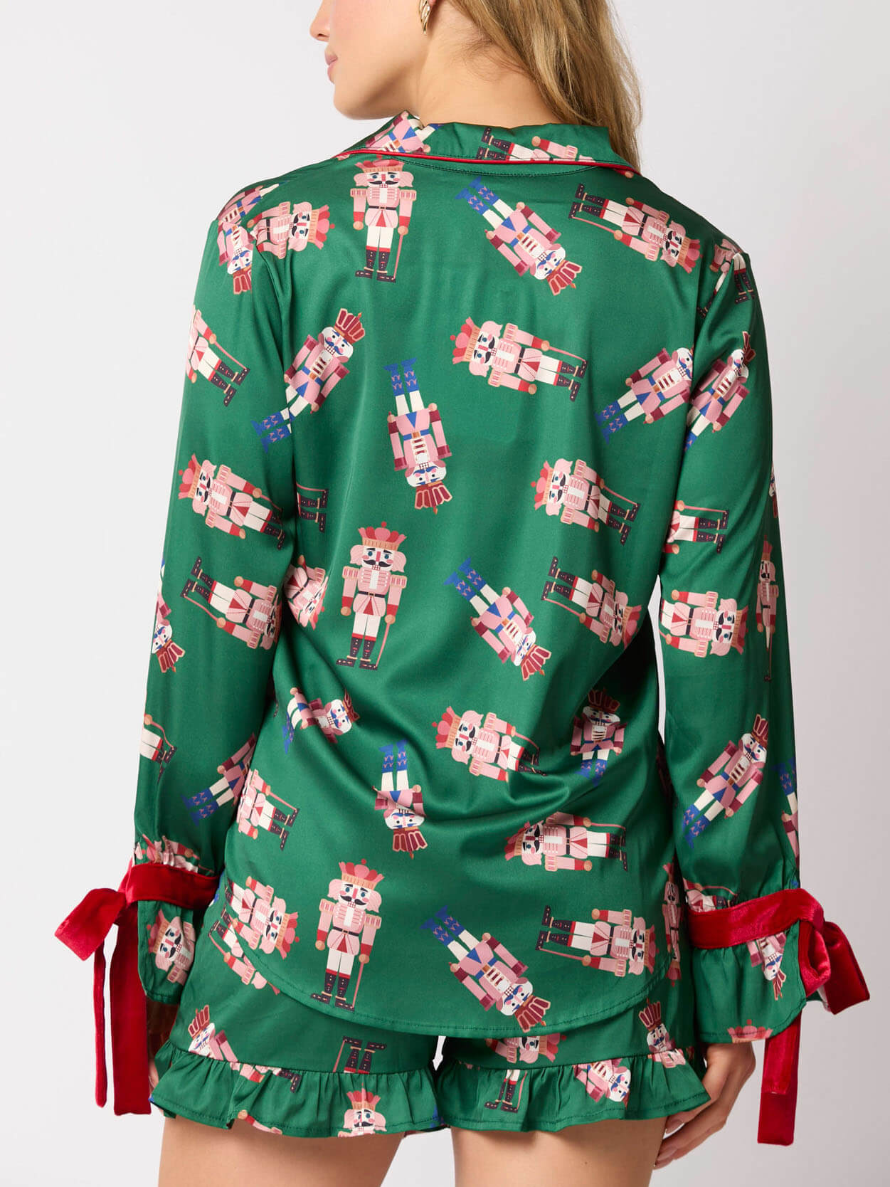 Green Satin Nutcracker Red Bow Pajama Set-Massicos